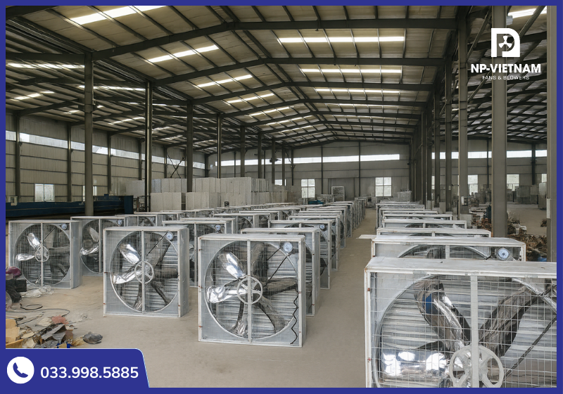 Kho xưởng NP Việt Nam chuyên bán quạt thông gió công nghiệp với nhiều kích thước, sẵn hàng cho đơn số lượng lớn.