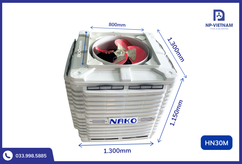 Thông số kích thước dài - rộng - cao - cửa gió của máy làm mát không khí NAKO 30000 thổi lên
