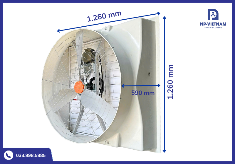 Thông số kích thước chi tiết quat hut nha xuong  NAKO 1260 cánh nhôm đúc