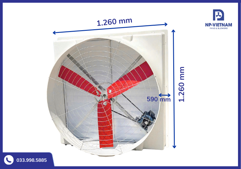 Thông số kích thước chi tiết quạt hút nhà xưởng công nghiệp NAKO cánh composite đỏ