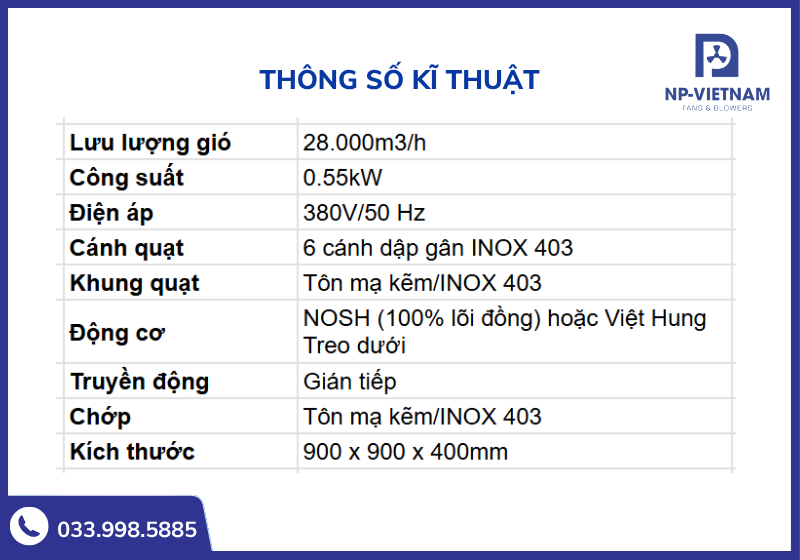 Bảng thông số kích thước chi tiết của quạt thông gió 900x900